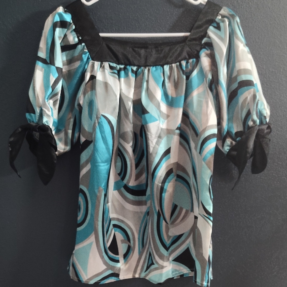 Elegant Retro Silky Satin Women's Abstract Puffed Sleeves Print Blouse